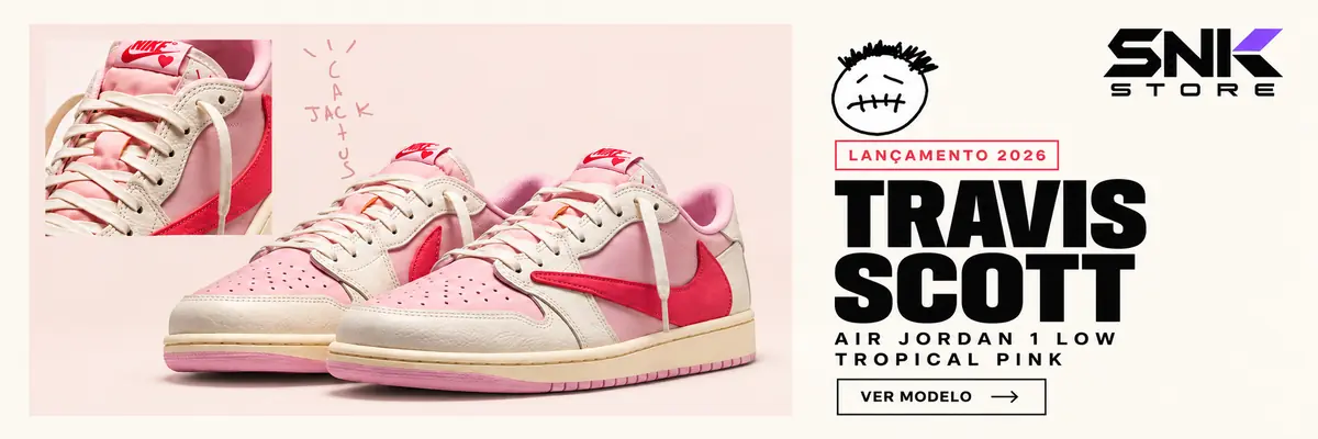 SNK Store: Travis Scott Air Jordan 1 Low Tropical Pink em rosa e branco. Lançamento 2026.